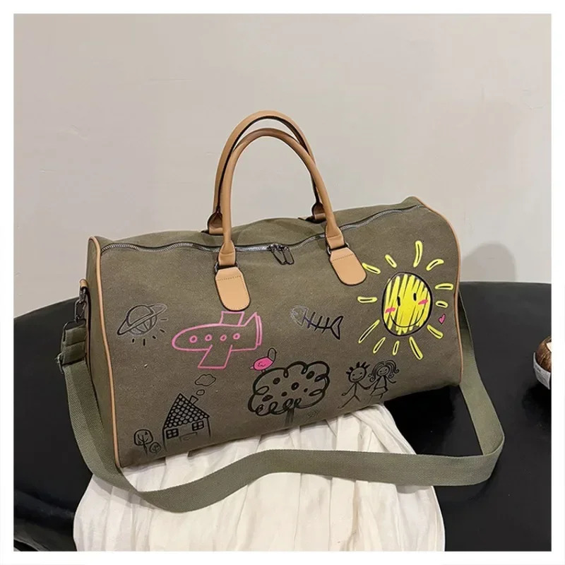 selling canvas zipper travel bag patch work large capacity casual cute shoulder soft Versatile Trendy 250311