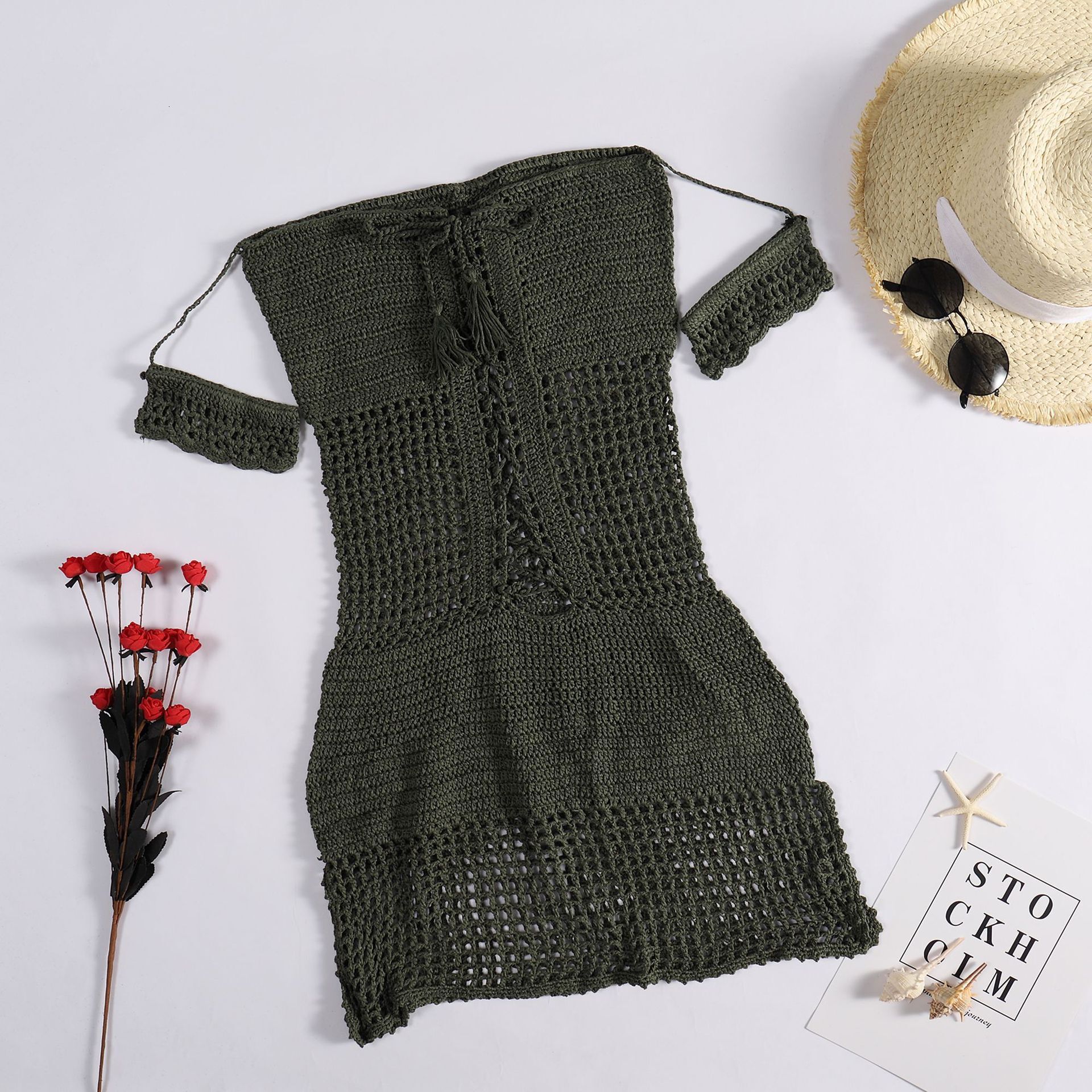Hand Hook Knitted Cross Sexy Tie Waist Hollow Out Slim Fit Strapless Beach Jumpsuit Short Skirt