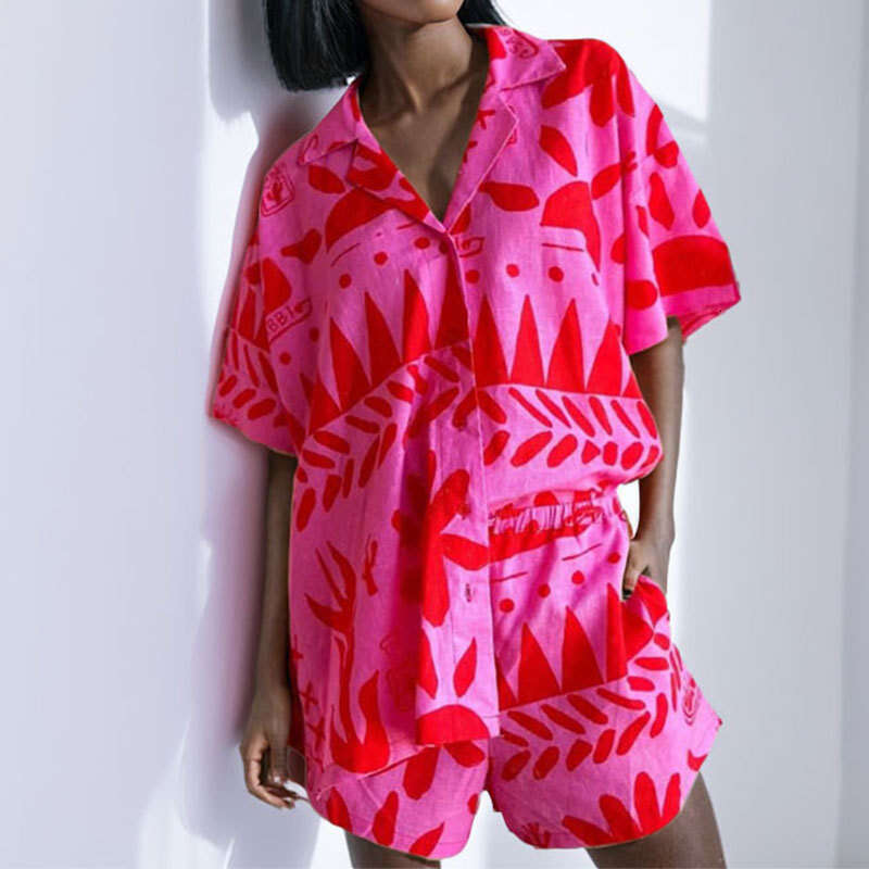 2025 New Women's Clothing Fashion Temperament Elegant And Versatile Printed Cardigan Shirt Collar Set KLMY