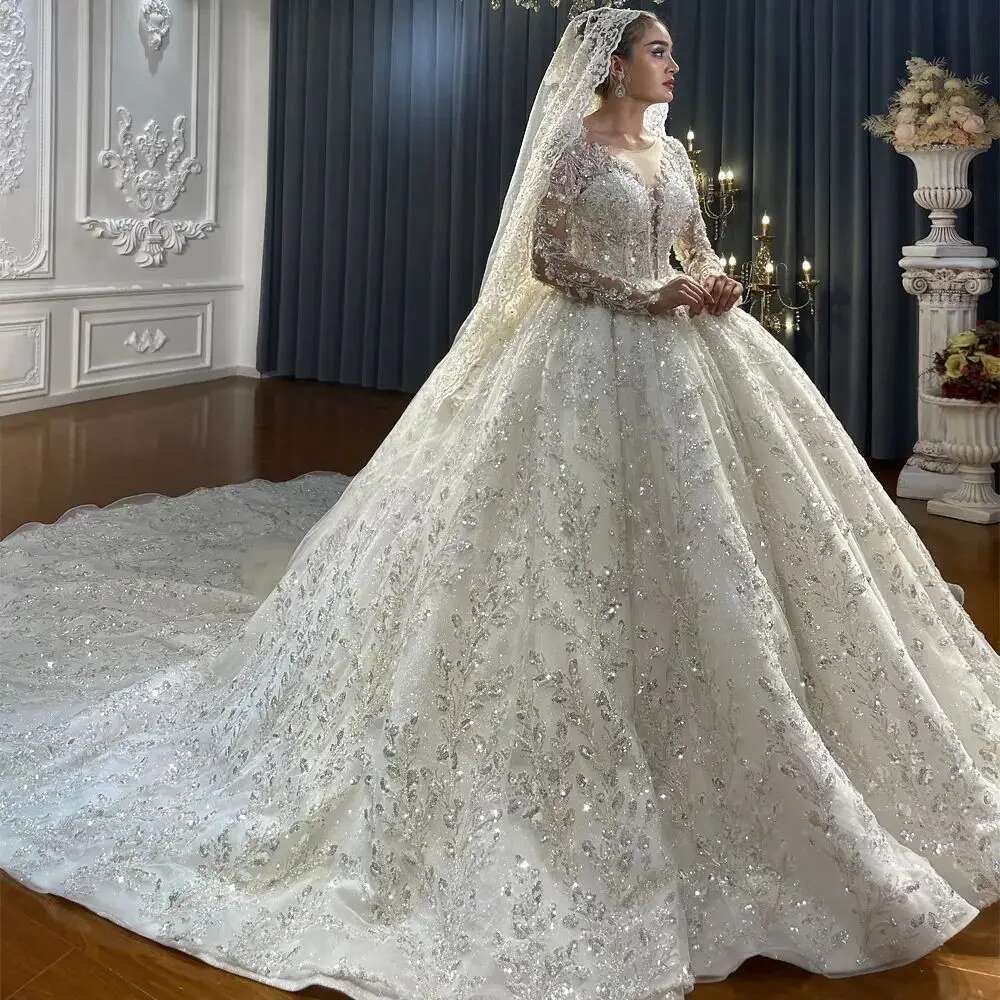 Full Sleeve Lace Arabic Wedding Dresses,uoso Sequin Ball Gown,V Neck Bridal Gown with Detachable Train,Custom Made