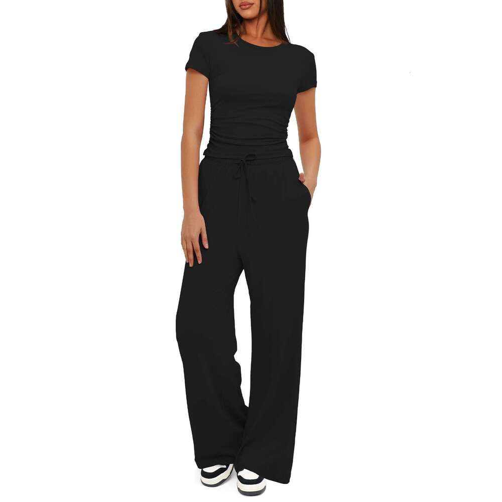 European and American product solid color casual suit pleated short sleeved top high waist wide leg pants sportswear 2025 temperament versatile new tr