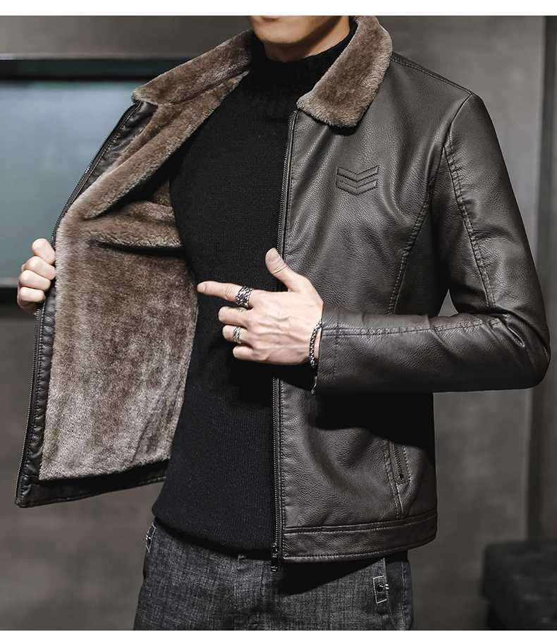 Fur collar Leather Jacket men Plus Velvet coats Thick Warm Fashion Autumn Winter Mens Leather jacket Top Large Size PU CoatsT250311