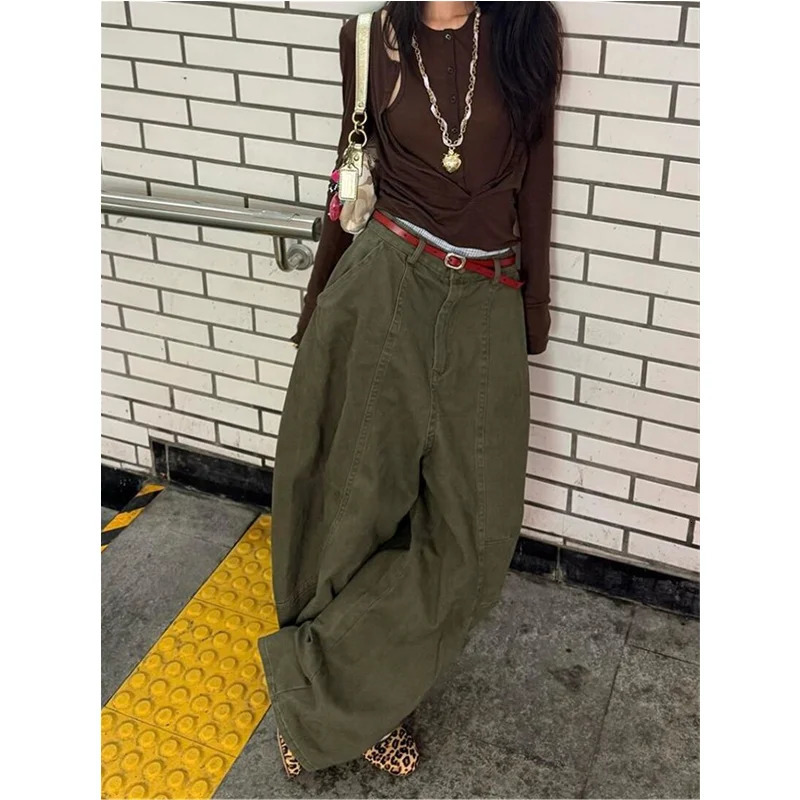 Green jeans womens retro high waisted straight Trouser loose Y2K 90 American streetwear wide leg classic 250311