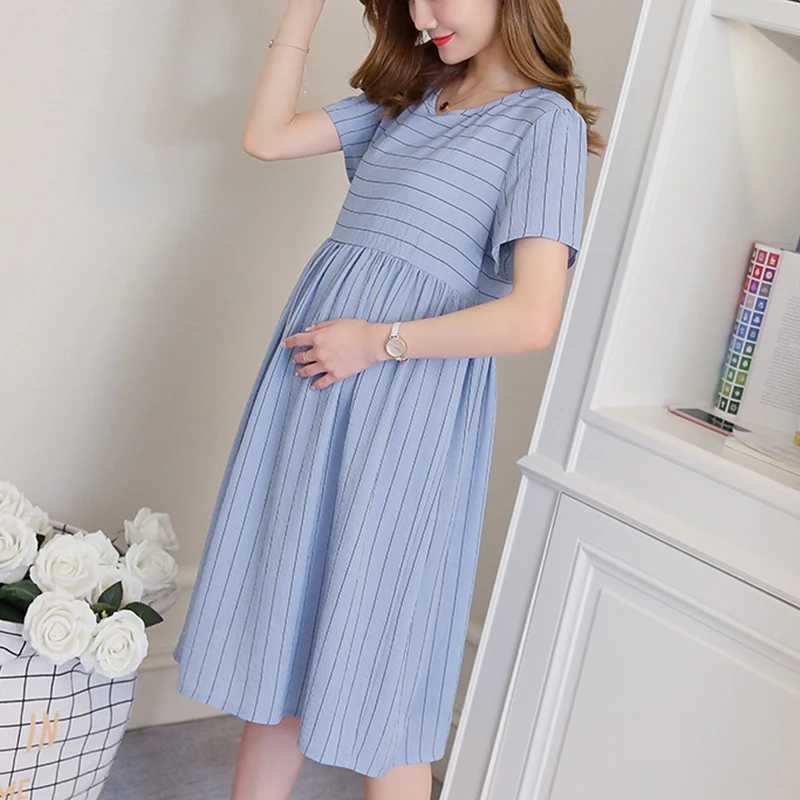Maternity Spring and Summer Pregnancy Dress Ruffled Short-sleeved Striped Stitching Maternity Clothes Loose Dress for PremamaT250311