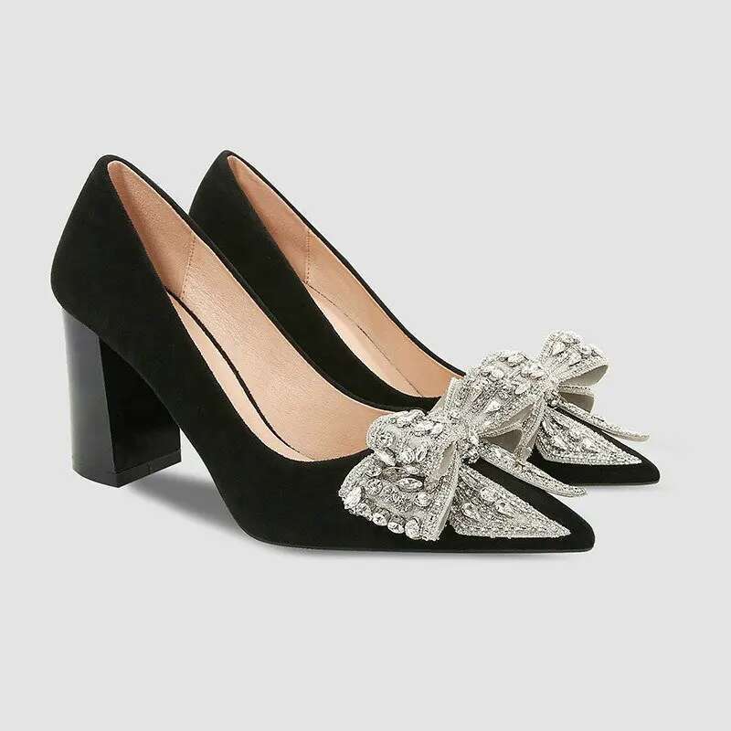 High Heel Spring New Black Suede Pumps Rhie Bow High Heels Professional Work Temperament Women S Single Shoes
