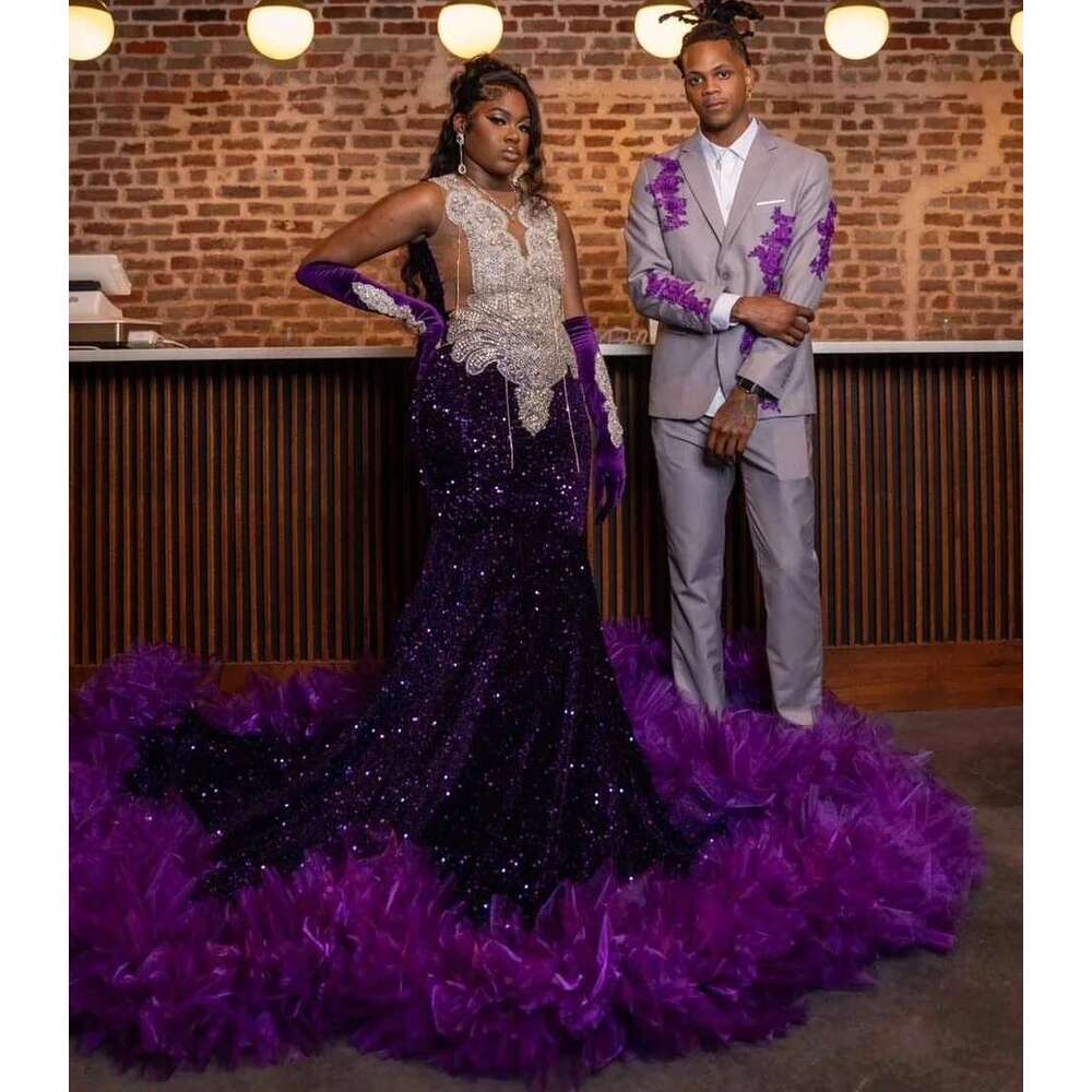 Purple Ruffles Long Prom Dress For Black Girls Mermaid Sequins Crystals Birthday Party Dresses Women Evening Gown Customized al0311