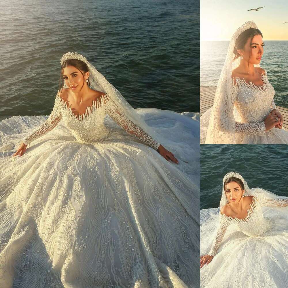 Long Sleeve Laces Beading Bridal Dresses, Royal Sexy Ball Gown, Glitter V Neck, Custom Made Dress