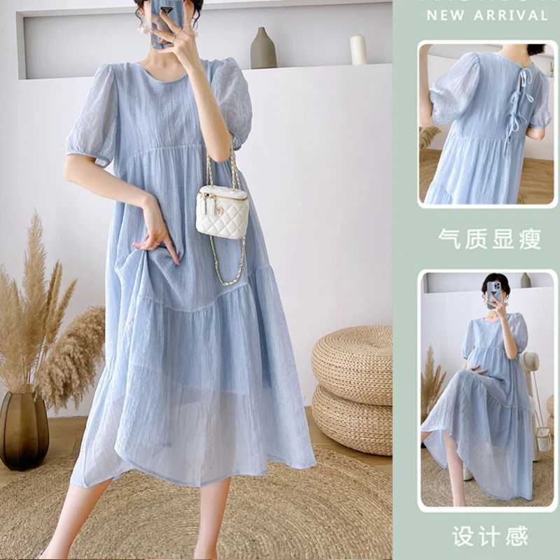 New Maternity Temperament Summer Long Sleeve Pleated Dress Block Color Patchwork Bow Collar Pregnant Woman Chiffon Dress LooseT250311