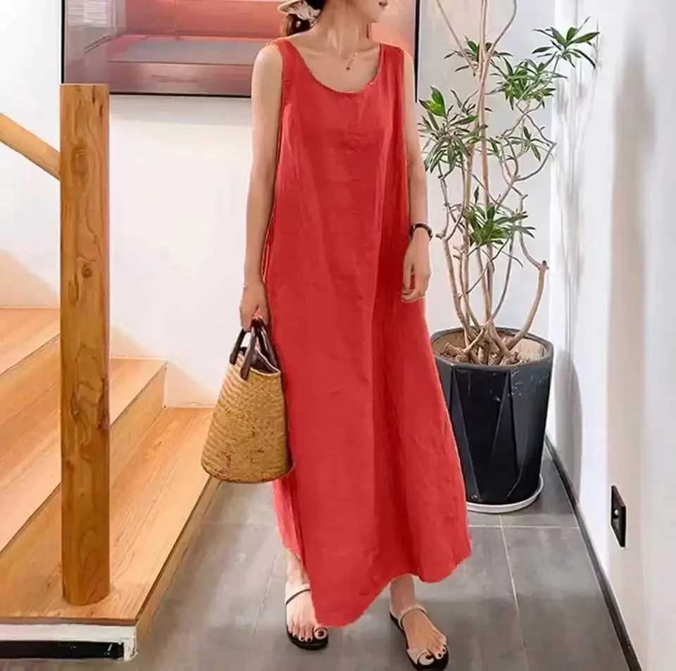 2024 New Summer Women Sleeveless Sundress Elegant Round Neck Cotton Linen Solid Long Tank Dress Vintage Pockets Beach VestidosT250311