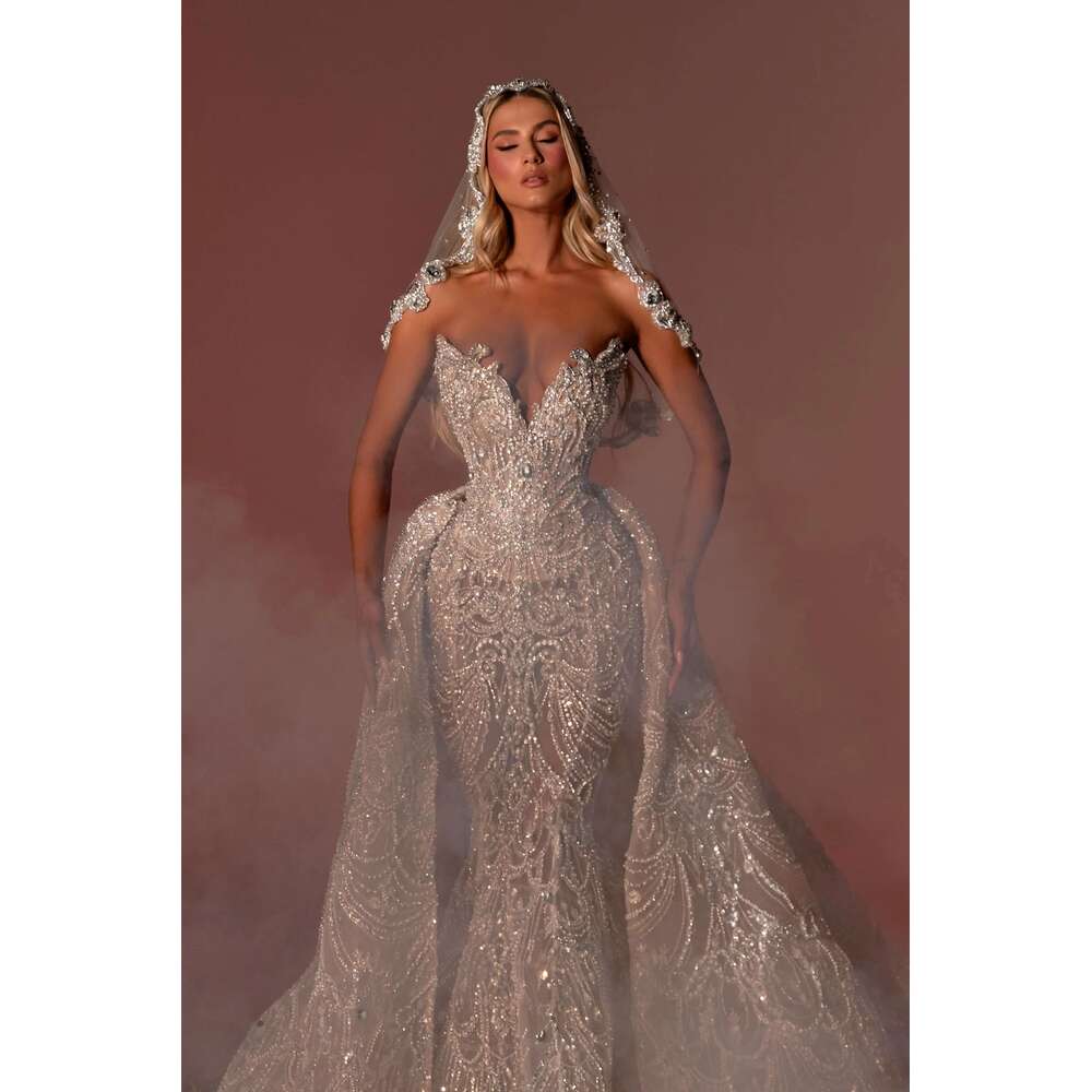 Mermaid V Neck, Sequined Lace, Sleeveless Bridal Dresses, Detachable Train, Custom Made