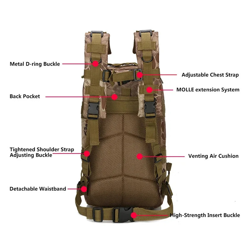 Mens Classic Tactical Backpack Travel Sports Camouflage Bag Outdoor Climbing Hunting Backpack Fishing Hiking Nylon 3P Pack Bag 250305