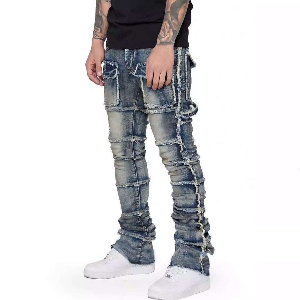 Men's workwear straight leg popular in European and American Instagram, elastic patch denim layered micro flared men's pants, 2025 new casua