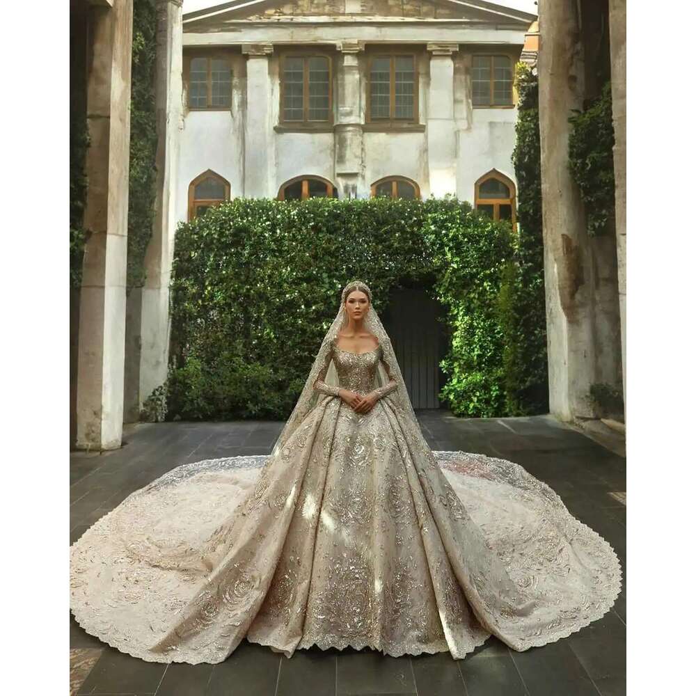 uoso sequin dresses ball gown spoon neck pure sleeve beads sequins wedding dress custom