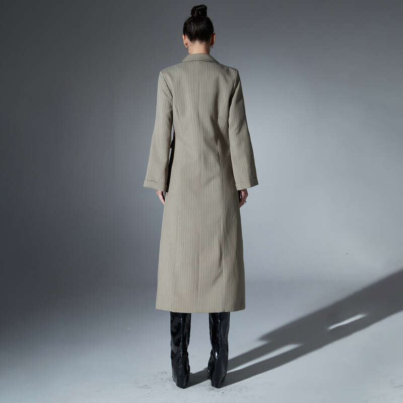 Street Trendy 2025 Spring New Style Suit Collar Sleeve Personalized Stripe Printed Long Windcoat Coat