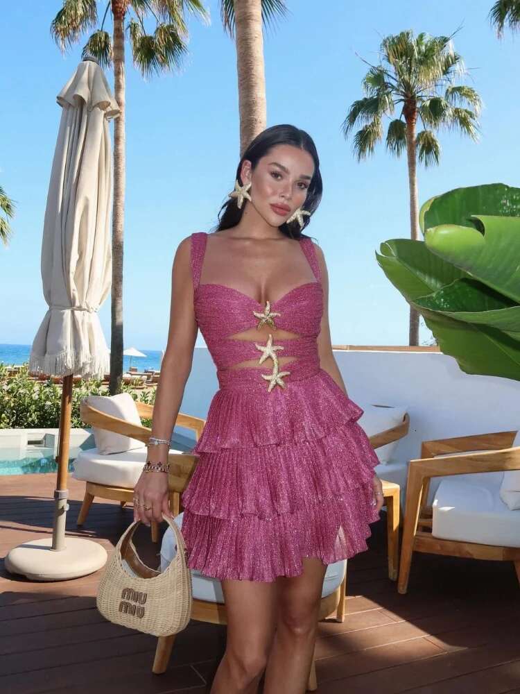 Sexy Shiny Hollow Out Layered Ruffle Mini Dress Women Fashion Backless Sleeveless Slim Dresses 2024 New Lady Party Vocation Gown