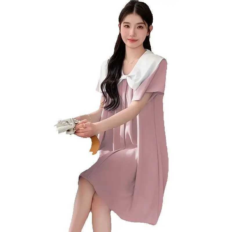 Navy Collar Pregnant Women Short Dress Loose Summer Short Sleeve Maternity Pleated Dress Sweet Pregnancy Chiffon Dress Blue PinkT250311