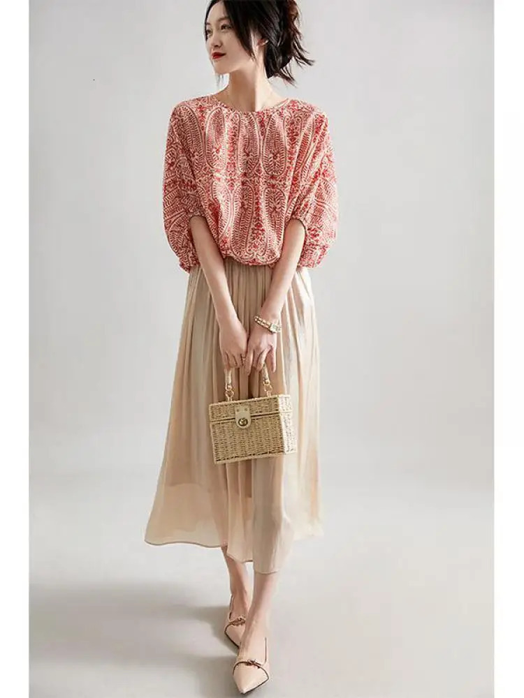 Elegant loose womens retro bow print shirt for office ladies summer Korean batsleeves casual full matching chic top 250311