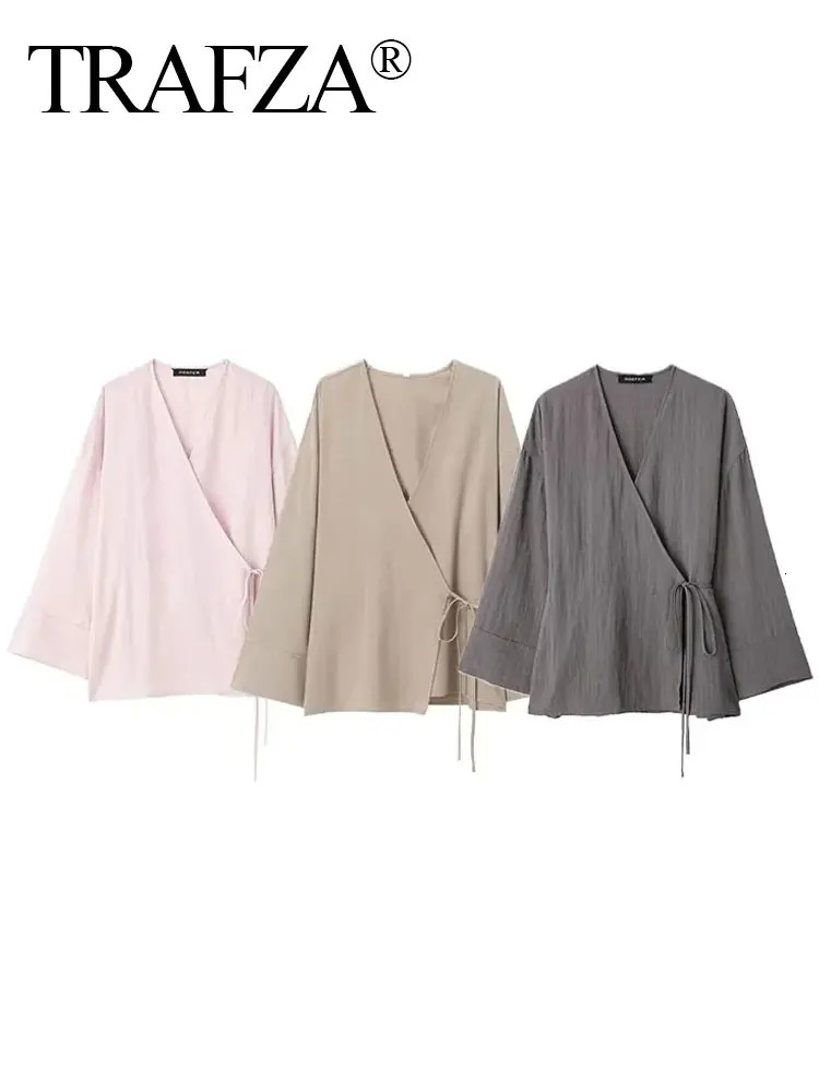 Womens Belt Pajamas Style Shirts Tops Chic Lady Spring Fashion Female Solid Loose Casual VNeck Long Sleeve Blouse 250311