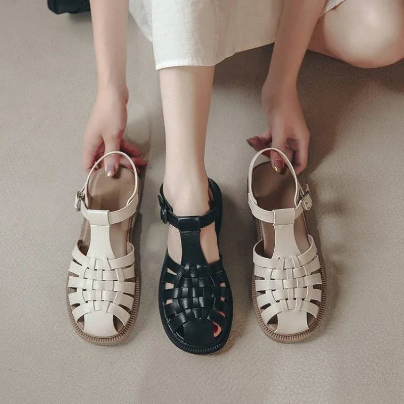 shoes Closed Toe Sandals Black Shoes For Women Summer Womens Heels Breathable Beige Low Retro Ladies Flat Gladiator 250305