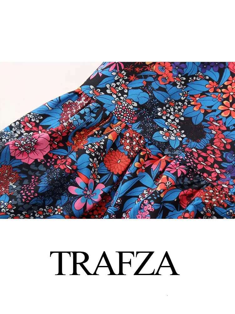 TRAFZA 2024 Summer Fashion Ral Print Pant Sets For Women Short Sleeves O Neck Bow Lace Up Top+High Waist Wide Leg Pants