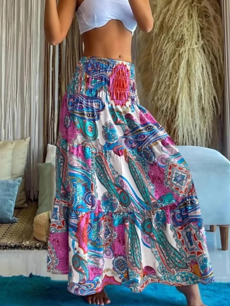 Summer Bohemian printed womens leather elegant high waisted pleated long skirt casual beach style fashionable clothing 250311