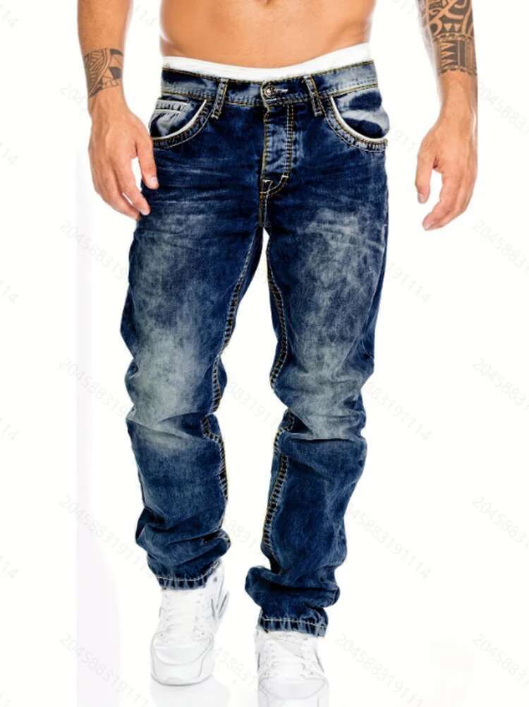 Retro Washed Straight Leg Hip-hop Fashion Designer Men s Streetwear Casual Denim Work Pants Spring And Autumn Zipper Printed Elastic Jeans 2025 New It