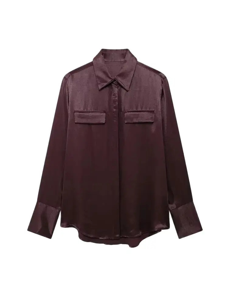 TRZASatin Shirts with Pockets for Women Long Sleeve Buttonup Female Blouses Chic Tops Fashion 250311