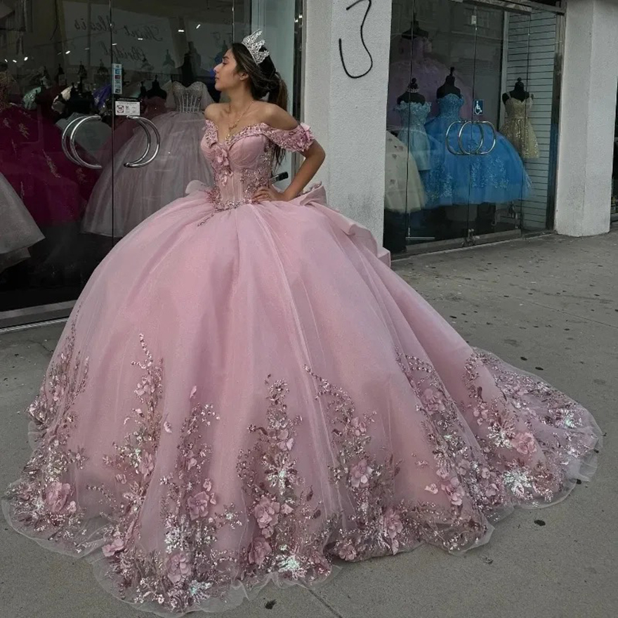 Sparkling Pink Sweetheart Quinceanera Dress 2025 Off the Shoulder Appliques Beads Party Sweet 16 Ball Gown Graduation Prom Gowns