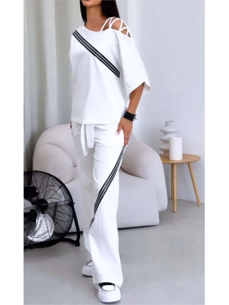 Spring Summer Women Fashion Two Pieces Sets 2025 New Off-The-Shoulder Loose Short Sleeve Top And Pants Suits Outfits Clothing