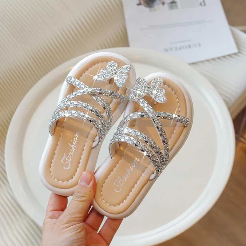 Platform Slippers for Girls New Summer Crystal Open Toe Flat Girs Clogs Shoes Outdoor Sandals Butterfly Bling Slide Kids H05299T250311