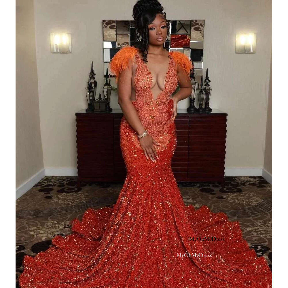 Orange Sequins Long Prom Dress For Black Girls Mermaid Feather Crystals Birthday Party Dresses Women Evening Gown Customized al0311