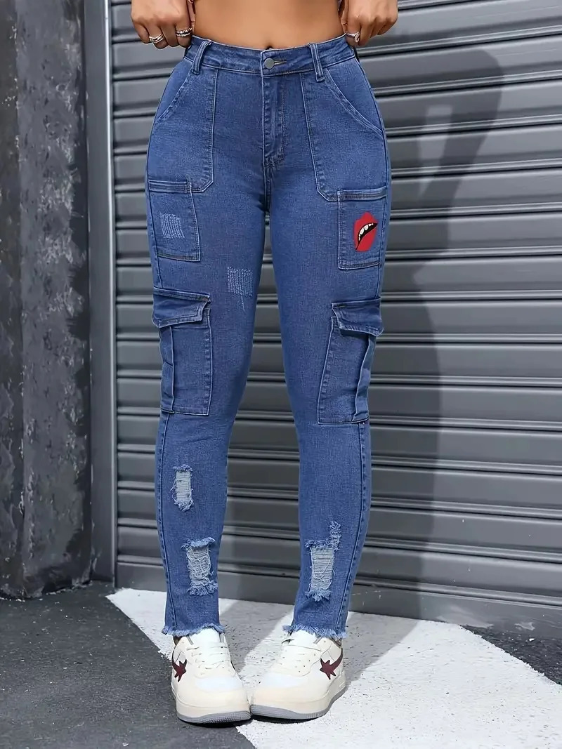 Womens blue elastic jeans raised waist and hips tight tipped hair edges sexy top multi pocket pants lipstick print 250311