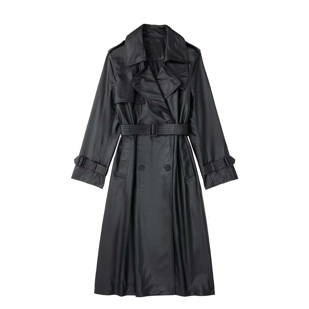 Women's 2023 Spring Autumn Collection Light Temperament, Featuring A Mature Imperial Style And Faux Leather Long Windbreaker With Belt Jacket For