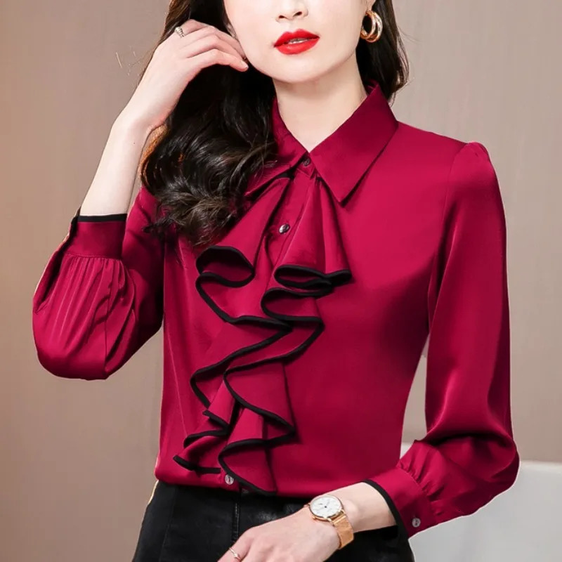 #2550 Red Chiffon Shirts Women Long Sleeve Split Joint Ruffles Office Female Regular Fit Womens Tops And Blouses Spring 250311