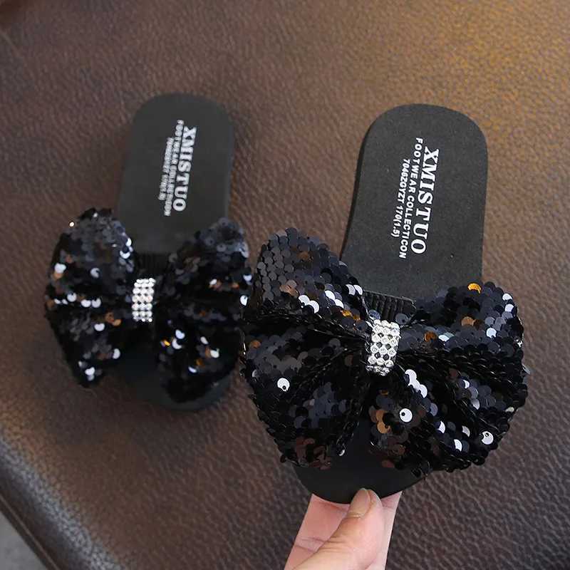 Fashion Sequin Bow Girl Slippers Princess Shoes Children Beach Slipper Girl Sandals Flats Non-slip Soft Kids SlippersT250311