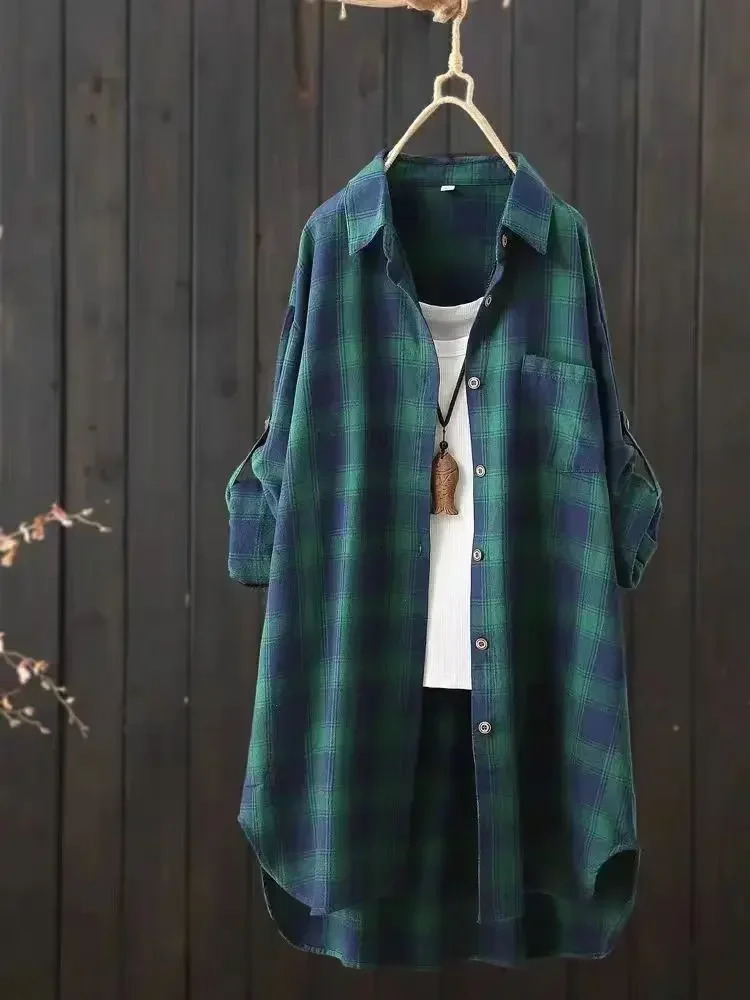 Womens Long Sleeve Blouse Fashionable and Agereducing Polo Collar Midlength Loose Versatile Fashion Top Plaid Shirt 250310