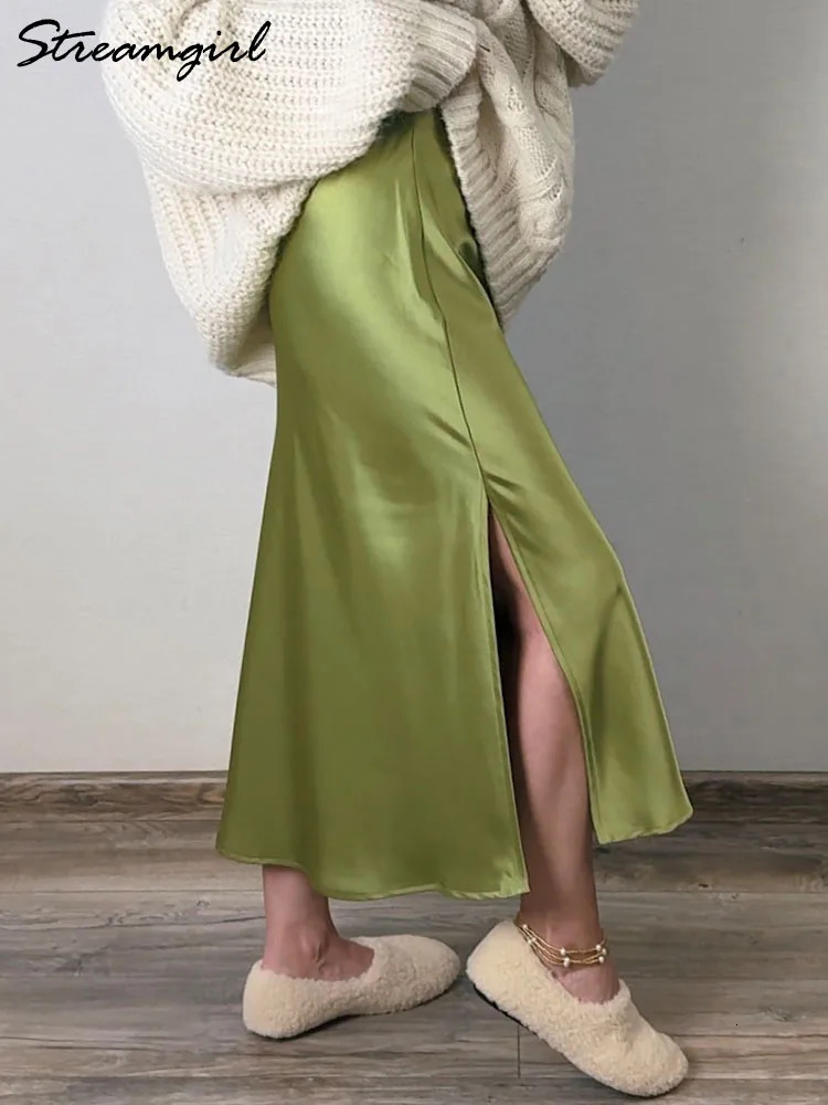 y Black Satin Midi Skirt Summer Women Elegant A Line Formal Lady Office Silk Skirts With Slit Green For 250311