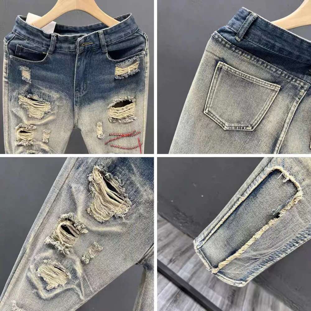 Broken Hole Slim Fit Hip hop Fashion Designer Streetwear Patchwork Jeans Elastic Gothic Pants Outdoor Casual Pants Men s Sports Pants
