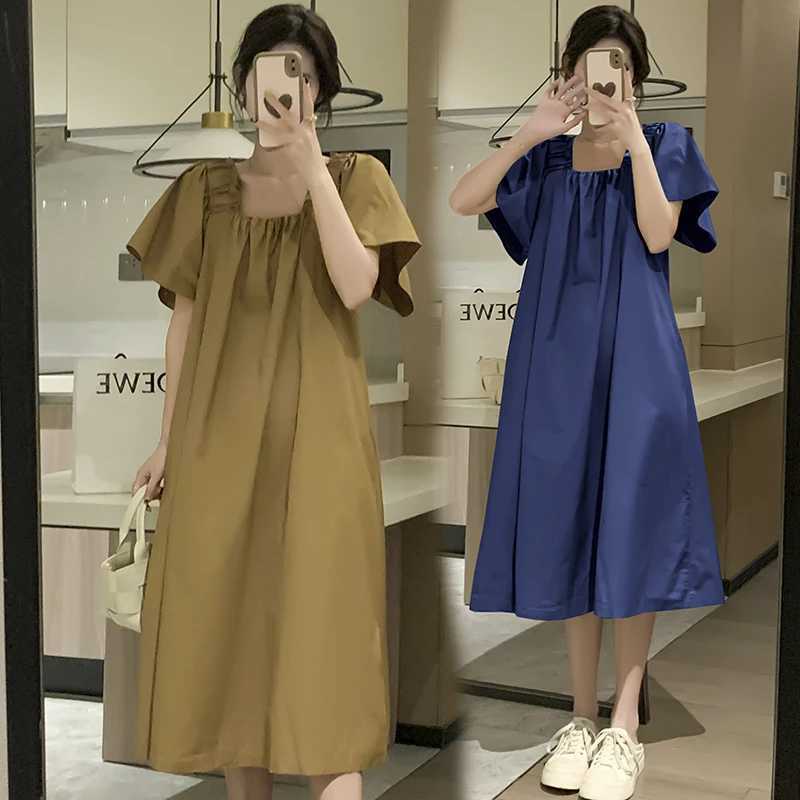 Korean Style Plus Size Maternity Dress with Pockets Solid Color Flying Sleeve Square Collar Pregnant Woman A-Line Dresses LooseT250311
