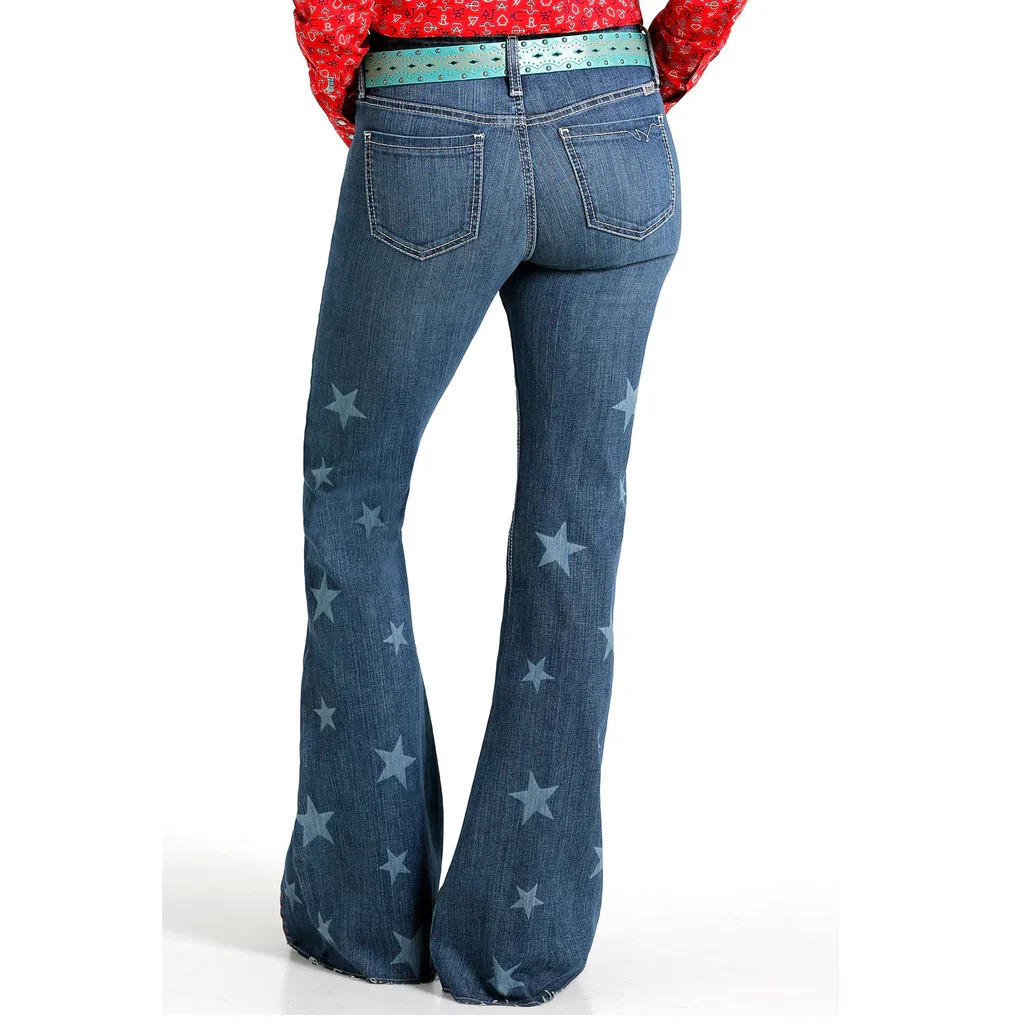 Huangs Cruel Ladies Hannah Sim Flare Denim Jeans Laser Printed Stars Raw Hem Western Womens Comfortable Stretchy Pants T05 250311
