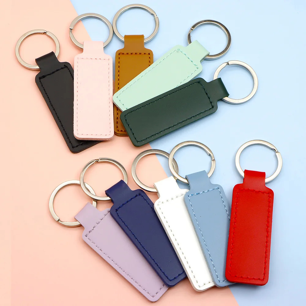 10Pcs Bright PU Leather Keychain Double sided Customiz Car Thread Gift Metal Pendant PU Key Chain Simple KeyChains Keyholde 250305