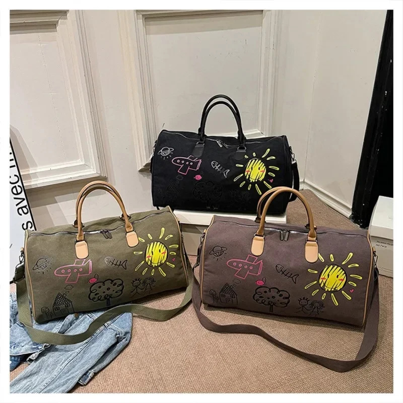 selling canvas zipper travel bag patch work large capacity casual cute shoulder soft Versatile Trendy 250311