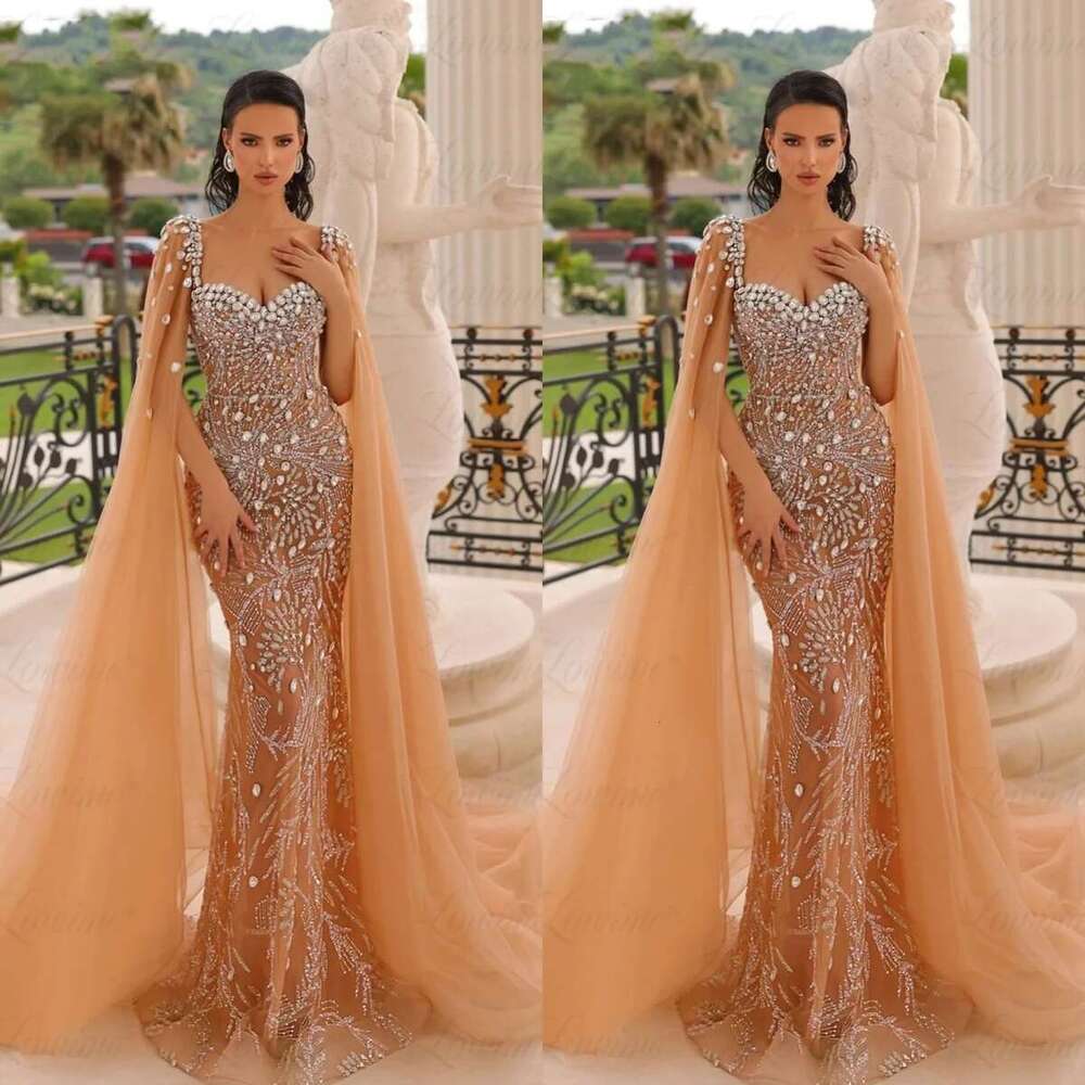 Prom dress long pearls and stones with crystals cape Dubai dress Arabic the evening dress