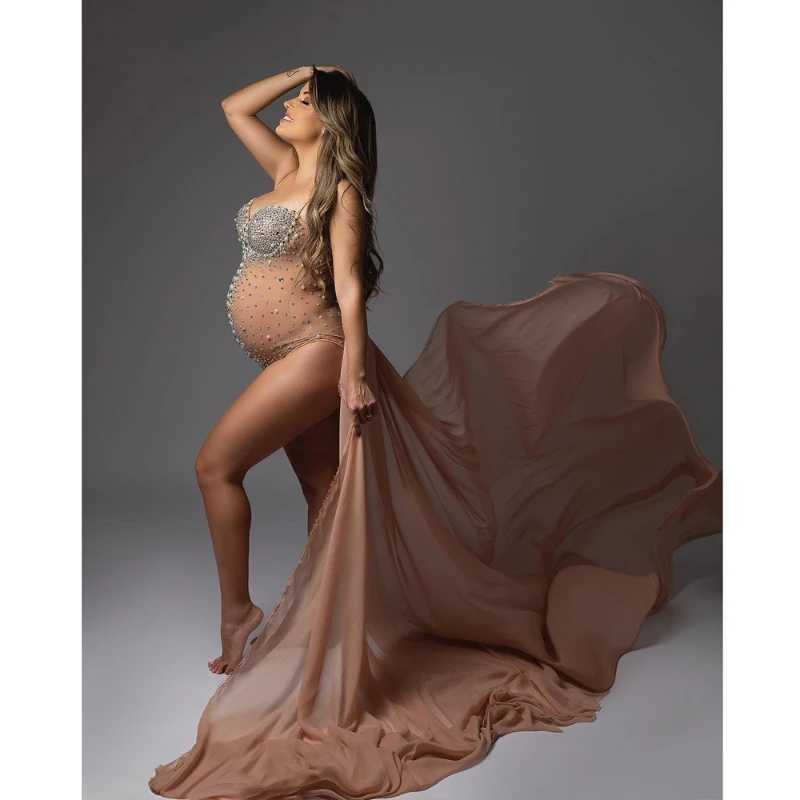 Sexy Maternity Dress Goddess V Neck Rhinestones Pearls Luxurious Stretch Jumpsuits Pregnancy Dress for Photo Shoot Props Clothes X250224