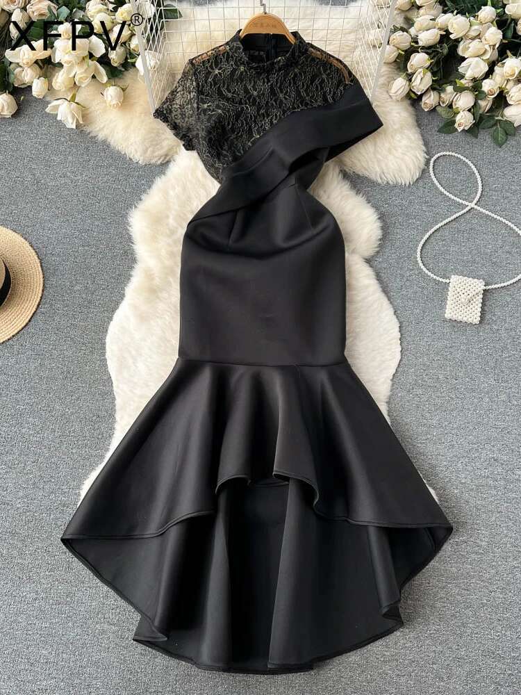 XFPV Women's A-E Splice Irregular Party Dress 2025 Spring Summer Fashion Short Sleeved High Waist Black Evening Dresses Sm003