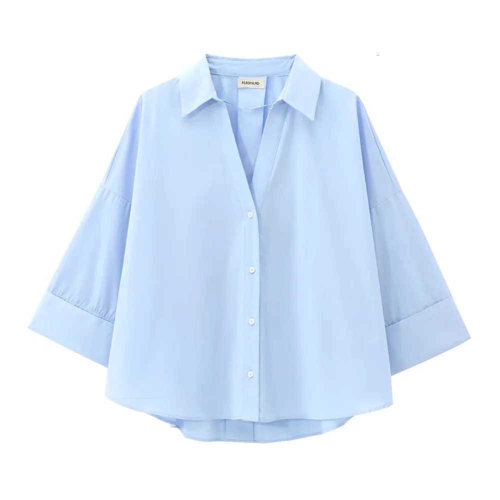 RARF Autumn European and American Loose Collar Curled Wide Sleeve Cotton Blended Buckle Poplin Shirt 250311