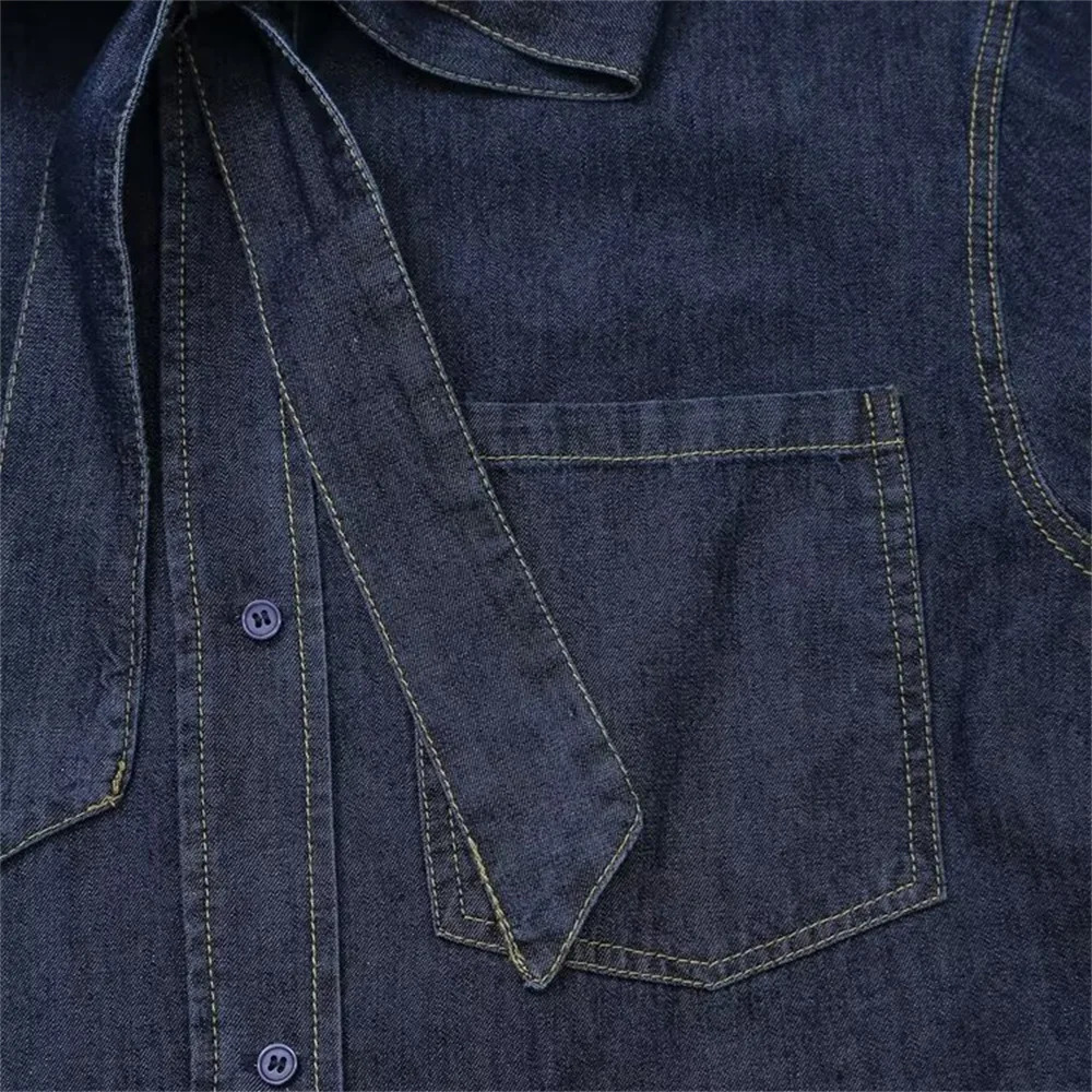 UNIZERA AutumnWinter Product Fashionable Womens Loose Color Contrasting Bright Thread Decorative Bow Denim Shirt 250311