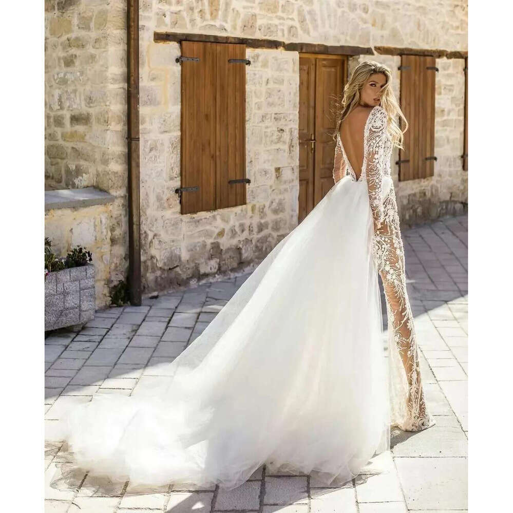 V Deep Neck Lace Jumpsuit See Through Wedding Dresses With Detachable Train Long Sleeve Bridal Gowns Vestido De Novia