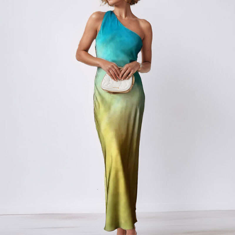 Women's 2025 New Style Satin Sloping Shoulder Backless Sexy Tie Dye Gradient Dress For Women KLMY