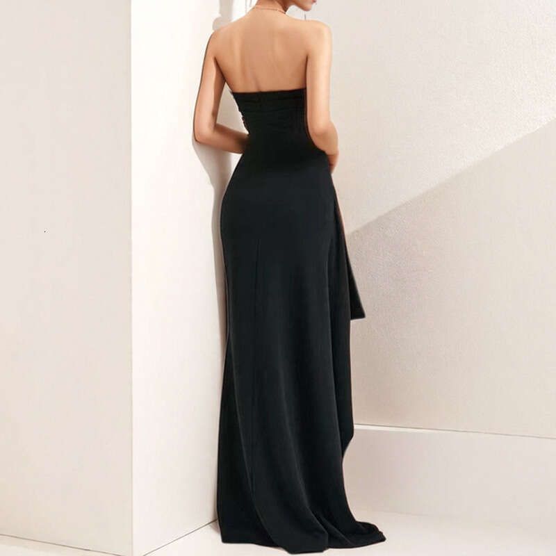 Women's Clothing 2025 Spring Temperament Elegant Strapless Sexy Backless High Slit Solid Color Dress KLMY